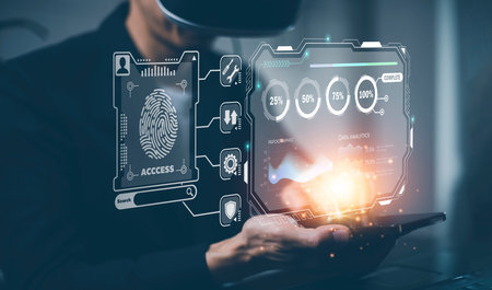 Man wearing VR glasses virtual touch screen bitcoins graph Screen Icon of media screen,Technology...