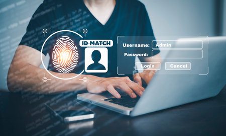 Hand touch fingerprint with virtual global with cyber security, Login, User, identification information security and encryption, secure access to users personal information, secure Internet access,の写真素材