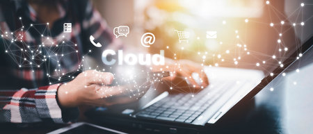Hand using laptop with touch connect to data information on the Cloud Computing Technology Internet...