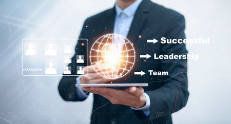 Human and growing plant planning and strategy, Stock market, Business growth, progress or success concept. Businessman hold growing virtual hologram stock, analyzing financial and investment dataの写真素材