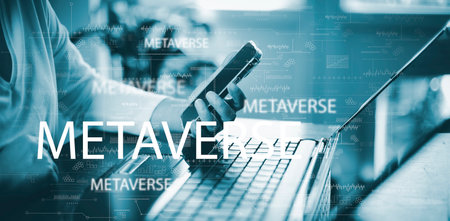 New metaverse with icon business concept,Business hand holding a virtual globe with financial icons future technology, business goals, online communication,graph Screen Icon of a media screen,big dataの写真素材