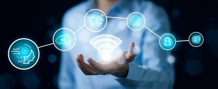 Businessman hold Wifi with Artificial Intelligence (AI),on big data network machine learning and...