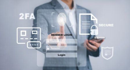 Businessman touch graph scan the protection system cyber security, Login, User, Cybersecurity privacy protect data. 2FA internet network security technology,Cyber Security privacy protect data.の写真素材