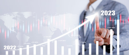 Business growth data chart arrow with diagram 2023 budget, Businessman pointing arrow graph...