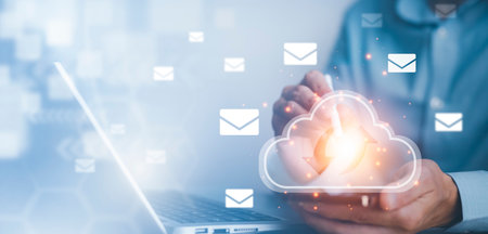 Hand using laptop with touch connect to data information on the Cloud Computing Technology Internet Storage Network Concept, big data internet technology, Cloud sharing download and upload.の写真素材