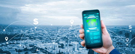 Concept with Smartphone with Modern creative telecommunication and internet network connect in smart...