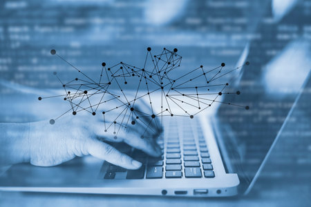 Concept Technology with Laptop. Hand using laptop with forex graph hologram, Concept technical analysis, digital software technology development, Data Processing, internet network technology conceptの写真素材