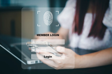 Hand touch fingerprint with virtual global with cyber security, Login, User, identification information security and encryption, secure access to users personal information, secure Internet access,の写真素材