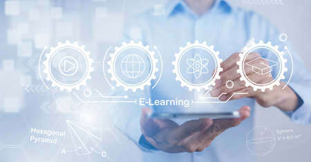 Concept E-learning education, Businessman hand touch Online Education icon on virtual screen....