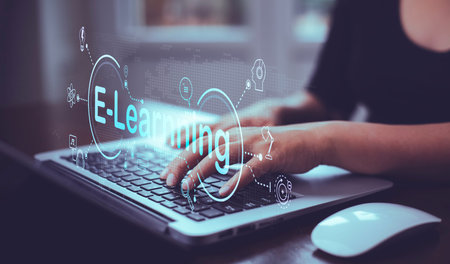Concept E-learning education, Woman using laptop with Online Education icon on virtual screen....