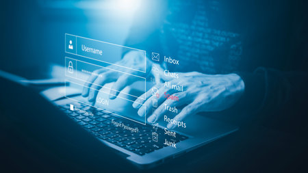Cyber security password login online concept Hands typing and entering username and password of...
