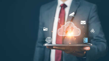 Man hold tablet with data information on the Cloud Computing Technology Internet Storage Network...
