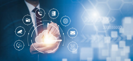 Man touching connect to data information on the Cloud Computing Technology Internet Storage Network...