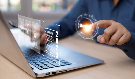 Concept Working and planning New year 2023, man using laptop and Smartphone with folder of document...