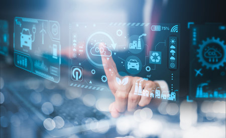 Businessman hand touch global network connection with virtual modern reduce CO2 emission concept...
