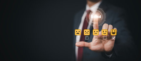 Businessman hand Touch Bar Customer review satisfaction feedback survey concept, User give rating to service experience on online application, service leading to reputation ranking business, 5 starの写真素材