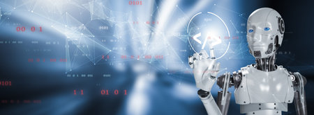 Robot working with digital display Internet connection controlled by AI robot humanoid,Code html...