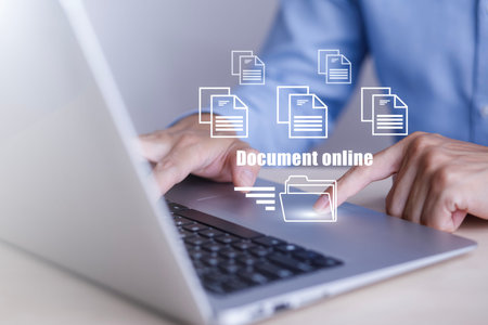 Businesswoman working on laptop with virtual screen. Online documentation database, IT consultant...