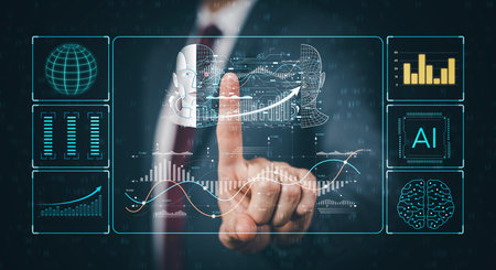 Programmer people working and touch virtual screen AI, artificial intelligence software engineer...