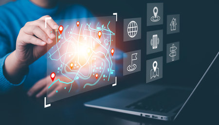 Business people using pen touch virtual world and model map with location point, GPS app, icon...