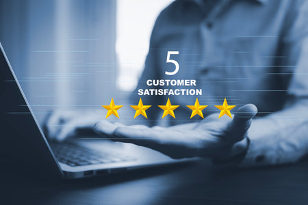 Business people Hand hold Customer review satisfaction feedback survey concept, Users give a rating to service experience on the online application, service leading to reputation rankingの写真素材