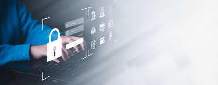 Cyber security and Security password login online concept  Hands typing and entering username and password of social media, logging in with smartphone to an online bank account, data protection hackerの写真素材
