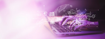 Programmer people working laptops or smartphones with AI, artificial intelligence software engineer coding on laptop computers with technology icons and binary code, big data, Ai bot digital machineの写真素材