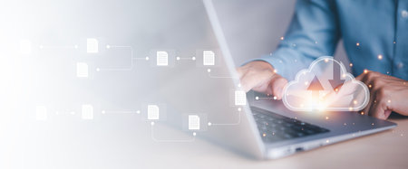 Business people using laptop with cloud computing system , Storage and data transfer Cloud network,...
