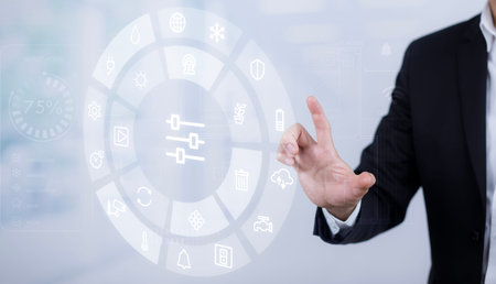 Business people touch AI smart tablet with smart home app , circular interface of the smart home...