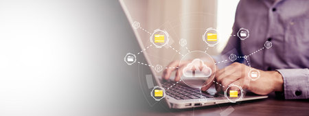 Business people using laptop with cloud computing system , Storage and data transfer Cloud network,...
