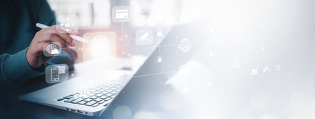 Cyber security and Security password login online concept  Hands typing and entering username and password of social media, log in with smartphone to an online bank account, data protection hackerの写真素材