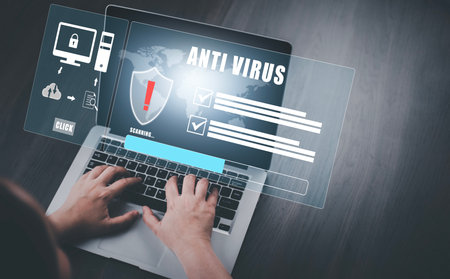 Email concept with laptop spam and virus computer monitor internet security concept, businessman reading electronic mail with a laptop. Spam, junk and e-marketing on screen, Spam Email Pop-up Warning.の写真素材