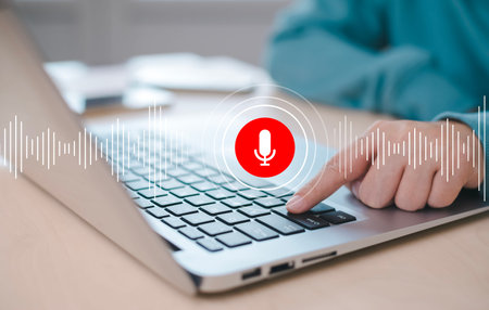 Businessman using smartphone touch microphone button on virtual screen. Blog blog speak talk...