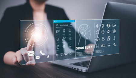 Hand using AI smart tablet with smart home app on the room, circular interface of the smart home...