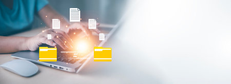 Online documentation database and document management system concept, Businessman using a tablet or...