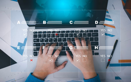 checklist and clipboard task documentation management, business people working laptop checklist questionnaire assessment form, online survey online exam Choosing the right answer in the examの写真素材