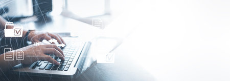 Online documentation database and document management system concept, Businessman using a tablet or...