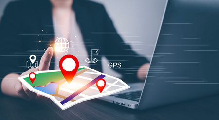 Woman using Smartphone with virtual world and model map with location point, GPS app, icon Travel...