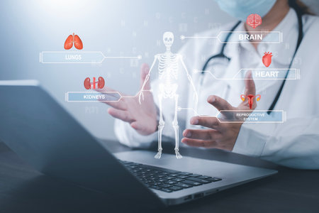 Medical doctor and medical technology and futuristic concept, Doctor using laptop and health medical network connection icon on virtual screen interface, Modern medical technology and innovation.の写真素材