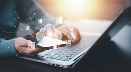 Business people using laptop with cloud computing system , Storage and data transfer Cloud network,...