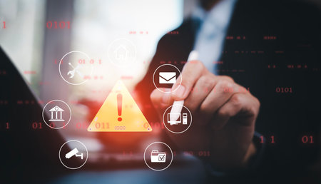 notification error 404 and maintenance with triangle caution warning sign for notification error, Programmer using laptop with triangle caution warning sign, hacker attacks cyber crime, cyber securityの写真素材