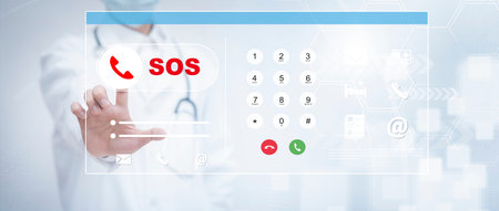 SOS with smartphone and Laptop concept, Woman hands holding mobile phone Emergency app in home, call...