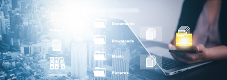 Online documentation database and document management system concept, Businessman using a tablet or...