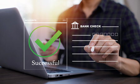 Online payment with digital marketing, Smartphone with banking online bill payment Approved concept button, credit card and network connection icon on business technology virtual screen backgroundの写真素材