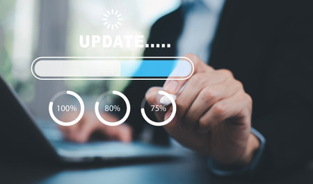laptop with Update Software Computer Program Upgrade Business Technology Internet, Update on virtual screen. Internet and technology concept, loading bar with installing the update,の写真素材