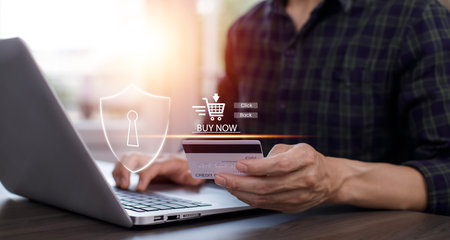 Cybersecurity and Security password login online concept, credit card on the Internet on the laptop computer, online payment, shopping online, e-commerce, internet banking, spending money concept.の写真素材