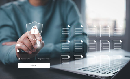 Cyber security and Security password login online concept  Hands typing and entering username and password of social media, log in with smartphone to an online bank account, data protection hackerの写真素材