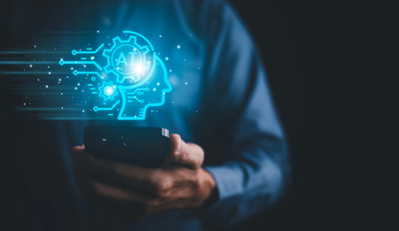 Programmer people working laptops or smartphones with AI, artificial intelligence software engineer coding on laptop computers with technology icons and binary code, big data, Ai bot digital machineの写真素材