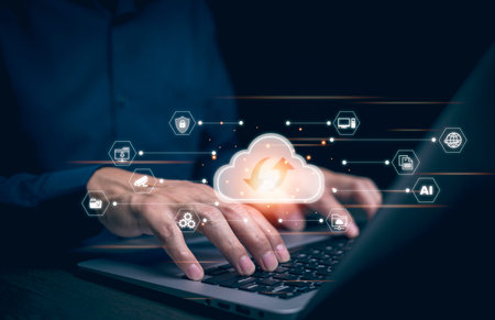 Business people using laptop with cloud computing system , Storage and data transfer Cloud network,...