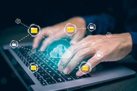 Business people using laptop with cloud computing system , Storage and data transfer Cloud network, Cloud technology. Networking and internet service, sharing download and upload and internet serviceの写真素材